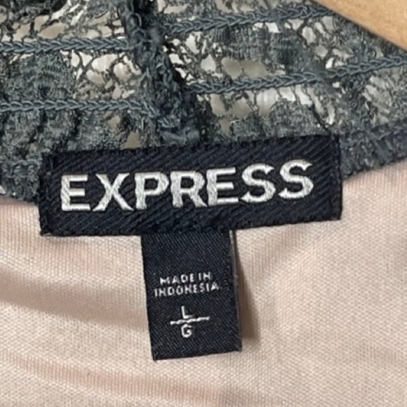 EXPRESS | Olive Green Lace Ruffle High Neck Sleeveless Peplum Blouse | Size L - Picture 6 of 10